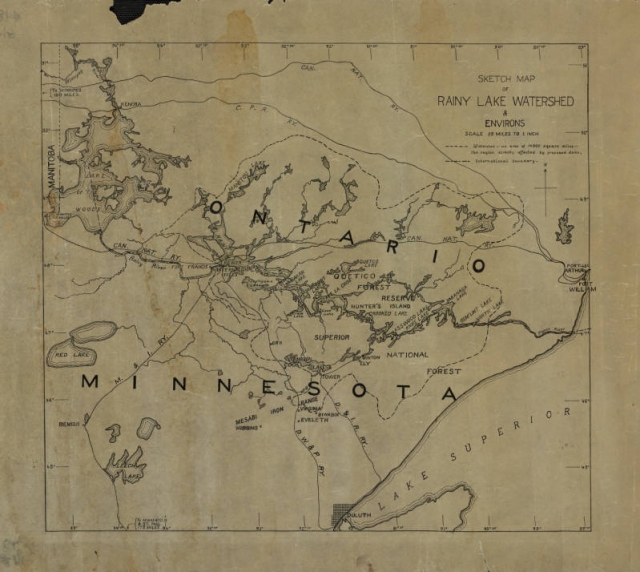 Hand Painted Map of Rainy Lake, Minnesota, 1938 / Vintage Rainy Lake Map / Superior National Forest / Map Art / Northern Minnesota / outlet BWCA